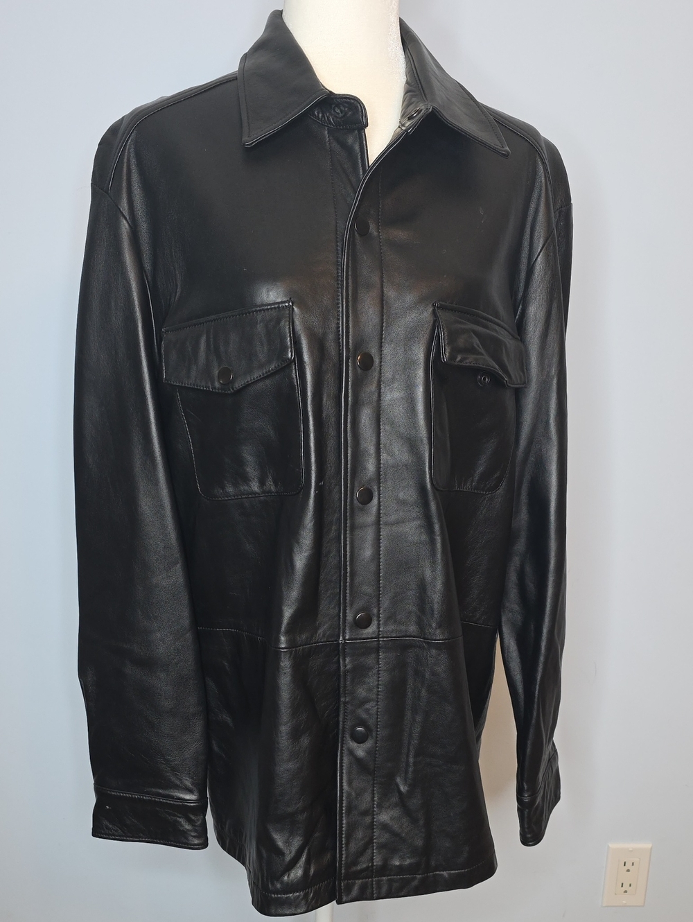 Claiborne LUXE Black Leather Shirt Jacket with Flap Chest Pockets